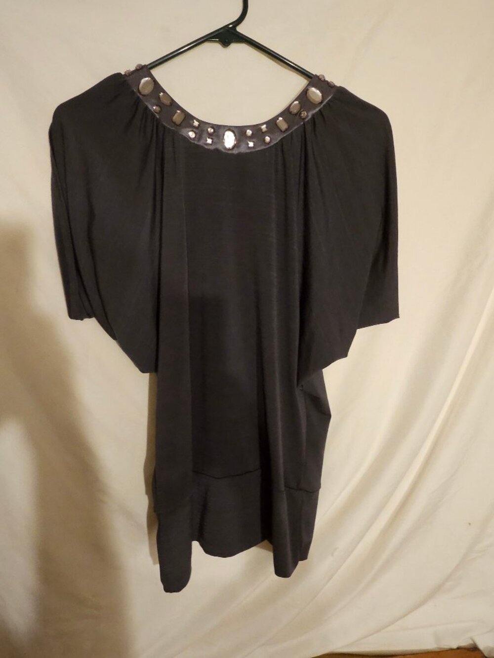 Embellished Dark Gray Tunic Top with Beaded Neckline